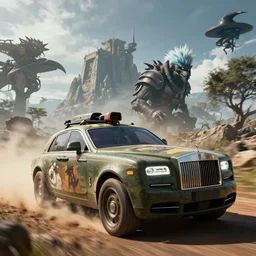 a militarised car designed by rolls royce driving through madagascar, artgerm and wolp, an epic fantasy, volumetric light, detailed, an epic fantasy, trending on art station, octane render, shadow of the tomb rider