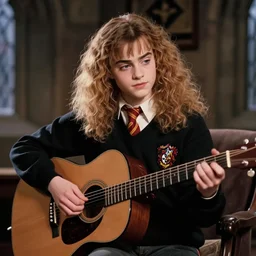 Hermione Granger wearing a black sweater, playing a guitar, in the Gryffindor common room, portrait photo by Ivan Aivazovsky