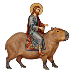 byzantine art depicting jesus riding on the back of a giant capybara, very detailed, very intricate, white background,