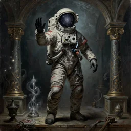full - body dark creepy baroque style oil painting realism a decapitated astronaut with futuristic elements. he welcomes you under with no head, empty helmet inside is occult mystical symbolism headless full - length view. standing on ancient altar eldritch energies lighting forming around disturbing frightening intricate renaissance, digital illustration hyper realism, 8 k, depth of field, by johann baptist zimmerman and zdzisław beksinski
