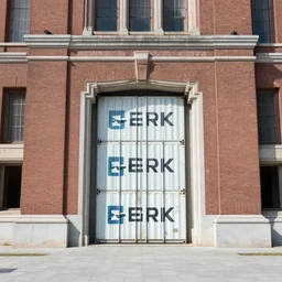 an abandoned city hall with the door being covered by some maersk shipping containers