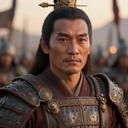 close - up portrait photo of a smart tai warlord in a battle scene, detailed eyes, historical hero, ethnic group, tai costume, intricate, with leather armor, elegant, loin cloth, highly detailed, artstation, concept art, matte, sharp focus, illustration, hearthstone, art by earl norem, shallow depth of field, photorealistic, cinematic lighting, lovely bokeh, warm colours, dusk