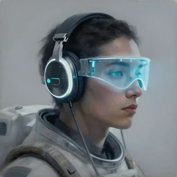 future coder, glowing visor over eyes and sleek neon headphones headshot desaturated profile portrait painting by donato giancola, dean cornwall, rhads, tom whalen, alex grey astronaut cyberpunk electric fashion photography
