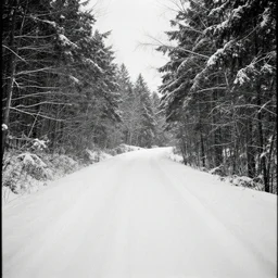 a snow covered road in the middle of a forest, a black and white photo by chris friel, deviantart, tonalism, ilford hp 5, photo taken with nikon d 7 5 0, film grain