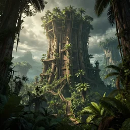 tropical jungle, wall wood fortress, an epic fantasy, dramatic lighting, cinematic, establishing shot, extremely high detail, photorealistic, cinematic lighting, artstation, matte painting, by simon stalenhag, horizon forbidden west