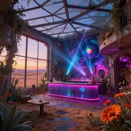 a beautiful photorealistic rendering of abandoned urbex building sunroom by odile decq, synthwave apocalyptic flowers postcyberpunk at dusk scumm bar desert neon noir vaporwave magic realism laser san andreas galactic gem thermal vision futuristic tron, archdaily, wallpaper, highly detailed, trending on artstation.