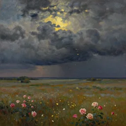 breathtaking oil painting with palette knife of a plains landscape in luxurious nature, with intricate art nouveau moody dark tumultuous clouds, at dawn with roses and golden petals flying, rembrandt style, concept art, matte, by krista schumacher and georgia hart,
