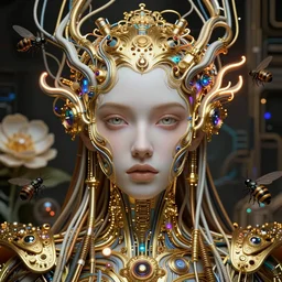 very beautiful woman integrating with technology, full face frontal centered, portrait, insipiring, detailed intricate ornate neon cables connected to head, very detailed eyes, luxurious detailed abundent wiring and implants, golen porcelain, renaissance, sci - fi, detailed technology background with cyber flowers and insects, dramatic lighting, photography, highly detailed, artstation, 8 k,