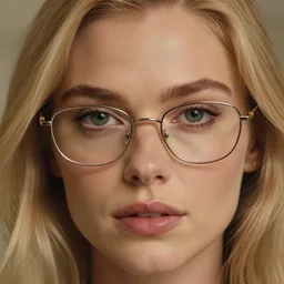 the most beautiful blonde woman in the world wearing curved glasses, hyper realistic face, beautiful eyes, cinematic, close - up, hyper detailed, 8 5 mm photograph, 8 k resolution, film still, sharp lens, wide lens
