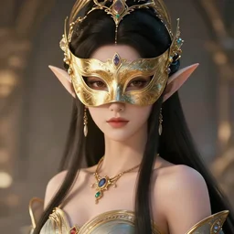 portrait of a beautiful female elf queen with a mask, elegant, fancy dess, ornaments, highly detailed, beautiful, cinematic lighting, 2 d animate style, mesmerizing, 8 k hd, artstation, by hideyuki morioka, ito ogure, vofan, greg rutkowski, victo ngai, artgerm