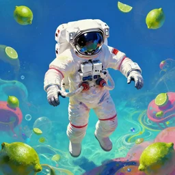 a digital painting of an astronaut!!!!!! floating in a bright colorful alien ocean surrounded by limes!!!!!!, sharp focus, retro futuristic by todd schorr