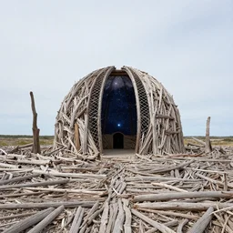 photo of a stargate by marc adamus, land art made of driftwood by jaehyo lee