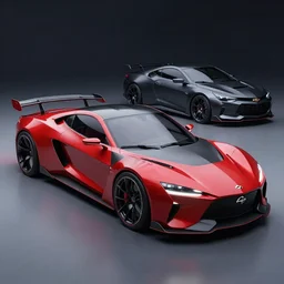 a sports car based on nissan and chevy sports car body styles, nissan sports cars, chevy sports cars, red and black paint, trending on artstation, unreal engine, studio lighting, sport car concept, concept art, by jon sibal and khyzyl saleem