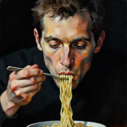 abstract man eating noodles. close - up portrait. gloomy atmosphere, black background. highly detailed science - fiction painting by norman rockwell, moebius, frank frazetta, and syd mead. rich colors, high contrast. artstation
