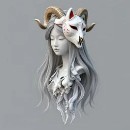 3 d goddess jellyfish half - turn portrait with long hair with ram skull. beautiful intricately detailed japanese crow kitsune mask and clasical japanese kimono. betta fish, jellyfish phoenix, bio luminescent, plasma, ice, water, wind, creature, artwork by tooth wu and wlop and beeple and greg rutkowski