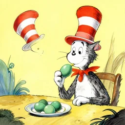 cat in hat eating green eggs and ham, doctor seuss,