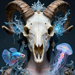 classical goddess macro close - up portrait with mask made of ram skull. betta fish, jellyfish phoenix, bioluminiscent, plasma, ice, water, wind, creature, super intricate ornaments artwork by tooth wu and wlop and beeple and greg rutkowski