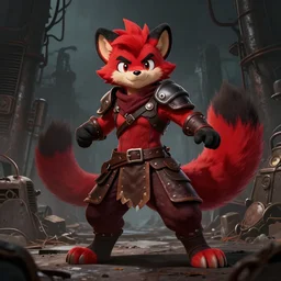 a handsome weasel bandit furry red - and - black male fursona animal character < with a tail >, leather armor, smirking, mid - action pose on a gritty industrial background by peder balke, dark industrial fantasy, furry art, deviantart contest winner, tumblr contest winner, this fursona has a tail * tail *