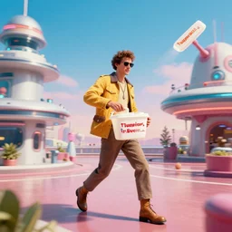 still image from a retro futurism themed film about man who sells tupperware called tupperworld, cinematic, widescreen, imax, retro futurism fashion and architecture. movement, hd, unreal engine 5