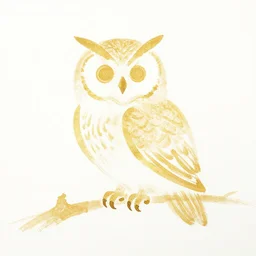 beautiful serene owl, healing through motion, minimalistic golden ink aribrush painting on white background