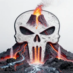 wide angle shot of volcano in the form of the punisher icon with flowing fountains and rivers of lava. detailed, high art, intricate, artisan