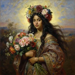 portrait oil painting, a beautiful young dark woman, floral headdress, flowers, holding a bouquet of flowers, long flowing hair, ornate robe, ultra realistic, wide angle, intricate details, artifacts, luminous skies, highly detailed, michael cheval, peter mohrbacher, boris vallejo, jessica rossier, oil painting, highly detailed, cinematic lighting
