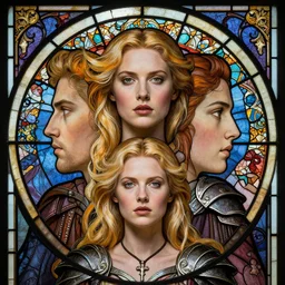 masterpiece head-on symmetrical centered portrait, Imogen Poots and Elisha Cuthbert as a Warrior, blonde hair, gothic stained glass style, tarot card style, elegant, distant, in the style of Edgar Maxence and Ross Tran and Zdzisław Beksiński and Michael Whelan and Mucha and Gustave Doré, specular highlights, 8k, octane render