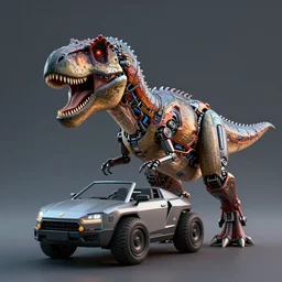 a robot driving a cyberpunk cyborg t-rex, photorealistic 3D octane render as coherent as Dall-E 2
