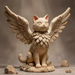 surreal clay art of a cat bird hybrid chimera with angels wings