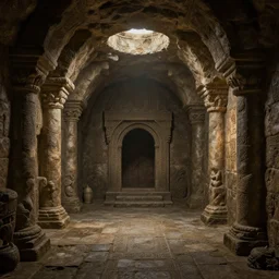 ancient underground medieval lair, art, high detail,