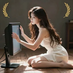 The girl gets out of the monitor onto the floor