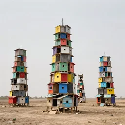 scattered towers made up of makeshift squatter shacks with bright colours, suspended on a barren field, mamiya, f 1 1, uniform plain sky, fine details, photographed by julie blackmon