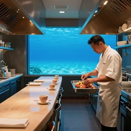 michelin star restaurant interior, kitchen pass an underwater view of pristine seas