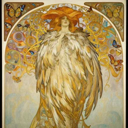 a beautifull intricate painting of a disembodied soul wearing a feathered cloak surrounded by thin ornate golden tendrils, butterflies, fractals, flying silk, vivid colors, artstation, by jeremy mann, by alphonse mucha,
