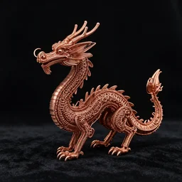 a complex intracately detailed dragon made of copper wire. wirewrapping art. wire sculpture. product photpgraphy standing on black velvet. beautifully lit. black background