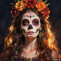 Illustration of a sugar skull day of the dead girl, art by clyde caldwell