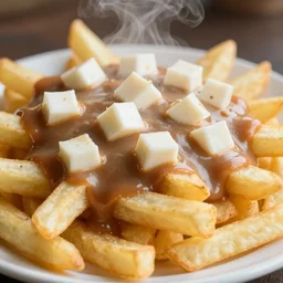 french fries pile, steaming, brown gravy, white cubic cheese curds under french fries, food photography