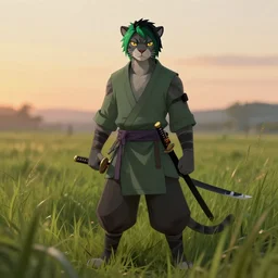 male grey anthropomorphic panther human, green and black hair, wielding a katana, wearing ninja clothing, standing in tall grass, at dawn, artstation, fantasy