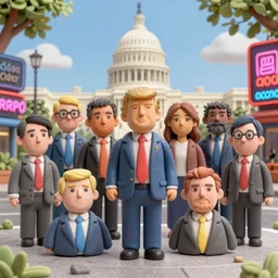 group of trump staffers made of plastic and clay, background capitol building, 3 d, exterior street, neon advertisements, portrait face, dappled light, in the style of matt murphy, jeremy enecio, miles johnston, monet, cynical realism, john william godward, yoshitaka amano, miles johnston, louise zhang, matt murphy, enes dirig, pekka halonen, finnish naturalism, realism