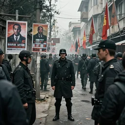 a dystopian street scene where totalitarian leaders brainwash the people through propaganda, posters, televisions and flags