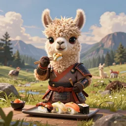 anthropomorphic llama samurai eating sushi, samurai outfit, standing in a beautiful landscape, cute and adorable, dnd character art portrait, matte fantasy painting, deviantart artstation, by jason felix by steve argyle by tyler jacobson by peter mohrbacher, cinematic lighting