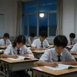 students studying in a classroom at night time, night, moonlight, window