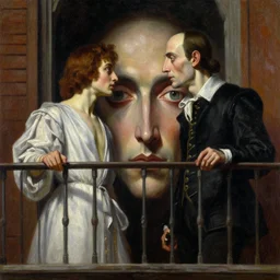 highly detailed painting of shakespeare's romeo and juliet, balcony scene. intricate, high quality oil painting artstyle, in the style of leonid afremov, deviantart, figurative art, deviantart, ilya kuvshinov, lovecraftian, very detailed face, portrait