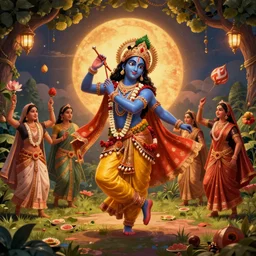 krishna dancing with radha and gopis, surrealistic, fine art quality, art station, octane render, 8 k, hd