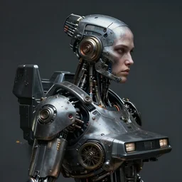 a rugged delorean with cybernetic enhancements, scifi character portrait by greg rutkowski, esuthio, craig mullins, 1 / 4 headshot, cinematic lighting, dystopian scifi gear, gloomy, profile picture, mechanical, half robot, implants, steampunk