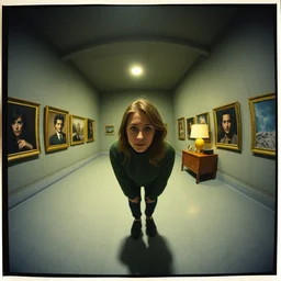 kodak portra 4 0 0, wetplate, 8 mm extreme fisheye, award - winning portrait by britt marling in a 1 9 9 0 s room, concrete, picture frames, shining lamps