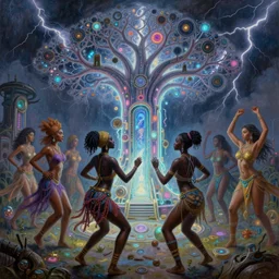 african women dancing around a glowing, energized, steampunk neon portal near the electric tree of life in a lightning storm, by ilya kuvshinov, greg rutkowski, loish, rhads, artgerm, evgeni gordiets, amanda sage and justin bua!!!. oil on canvas, detailed and intricate environment, radiant lighting. highly detailed. masterpiece