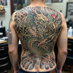 elaborate full - back irezumi tattoo of an eastern dragon, tattoo parlor photo, realistic and coherent
