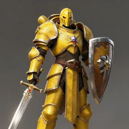 portrait of a warforged character in yellow armor holding a paladin engraved longsword and carrying a big shield, epic concept art, trending on ArtStation, cinematic lighting by Greg Rutkowski