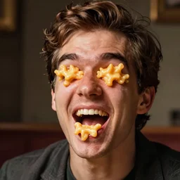 a man with mac n' cheese streaming out of his eyes, nose, mouth and ears. photograph. delicious.